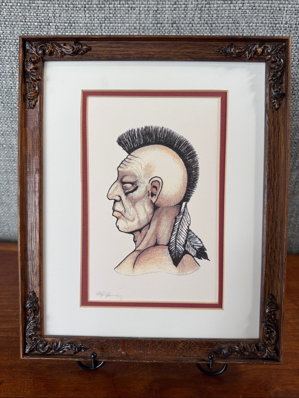 Original Western Indigenous Warrior Profile Art Signed Print - Brown Frame
